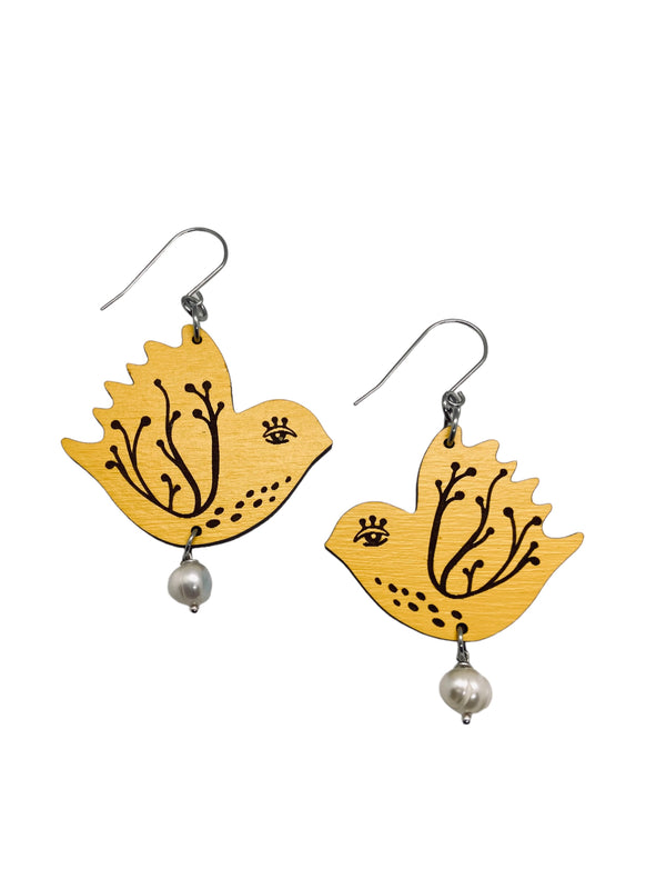 Yellow Bird Dangling Earrings, Lightweight Wooden earrings, Jewelry for Artistic Prople