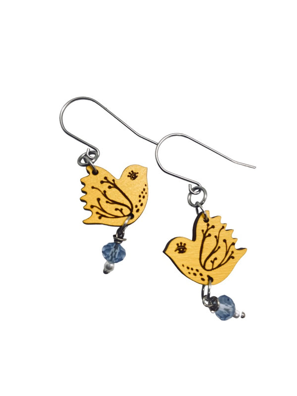 Tiny Yellow Bird Dangling Earrings, Lightweight Wooden earrings, Bird Lover Gift