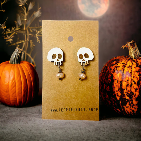 White Skull Laser Cut Earrings with Pearl - Gothic Skeleton Jewelry