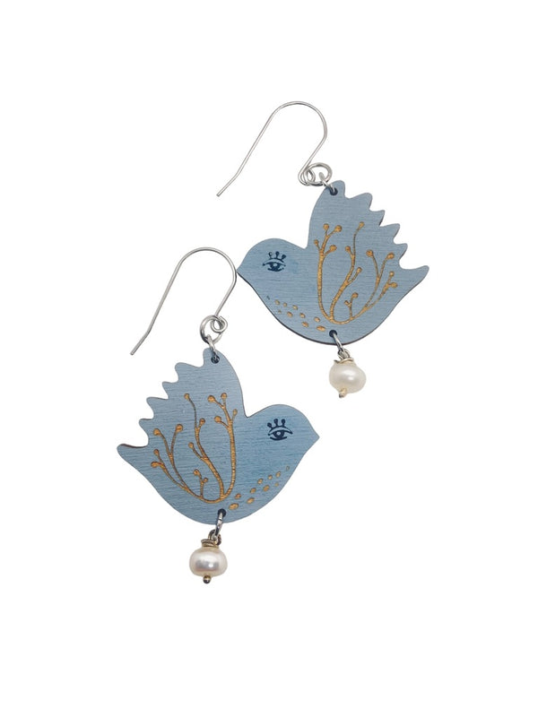 Large Blue Bird Dangling Earrings, Lightweight Wooden earrings, Jewelry for Artistic People