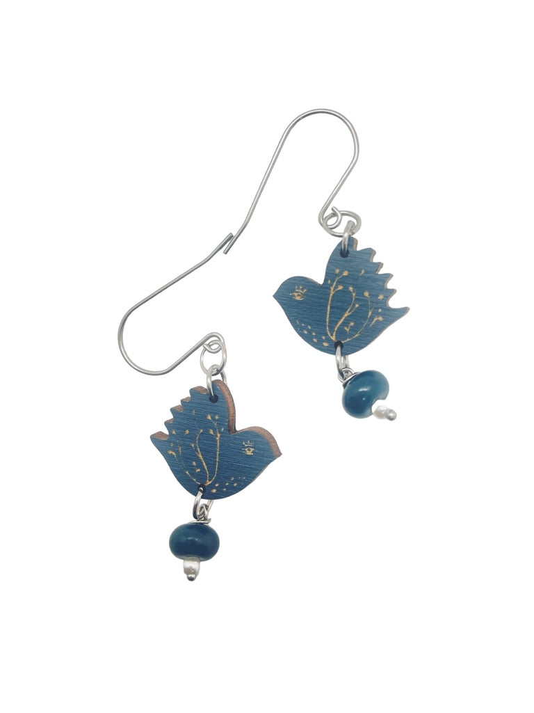 Tiny Dark Blue Bird Dangling Earrings, Navy Bird Earrings,  Bird Lover Gift