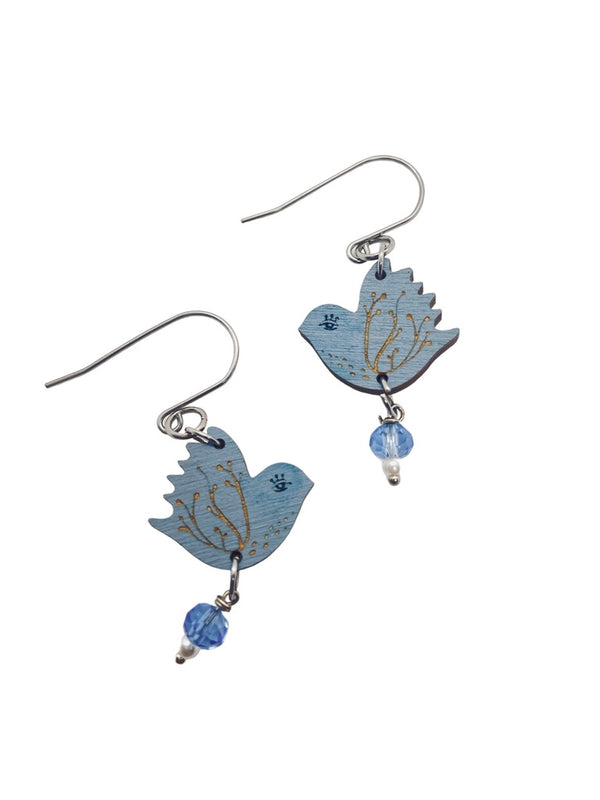 Tiny Blue Bird Dangling Earrings, Lightweight Wooden earrings, Artistic Jewelry