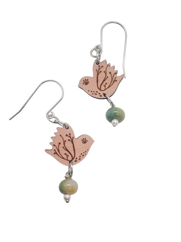 Tiny Pink Bird Dangling Earrings, Lightweight Wooden earrings, Bird Lover Gift