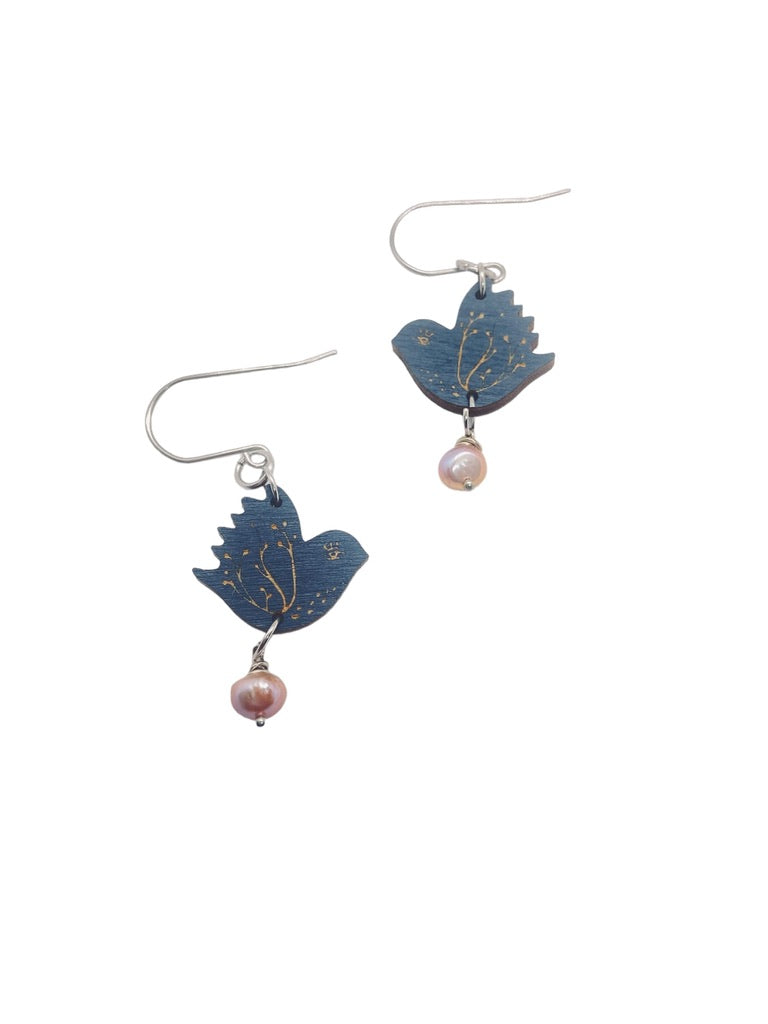 Tiny Dark Blue Bird Dangling Earrings, Navy Bird Earrings,  Bird Lover Gift
