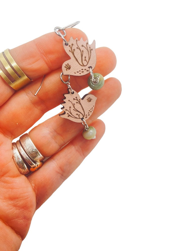 Tiny Pink Bird Dangling Earrings, Lightweight Wooden earrings, Bird Lover Gift