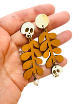 Wooden Skull Earrings Mismatch with Plant, Laser Cut - Gothic Halloween Skeleton Jewelry