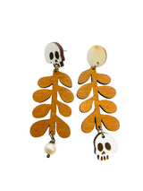Wooden Skull Earrings Mismatch with Plant, Laser Cut - Gothic Halloween Skeleton Jewelry