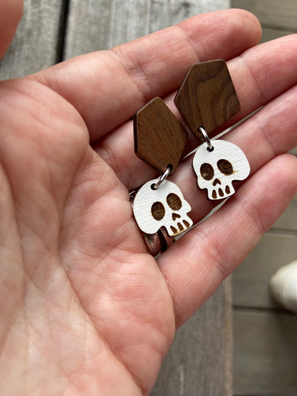 Wooden Skull Earrings , Laser Cut - Gothic Halloween Skeleton Jewelry