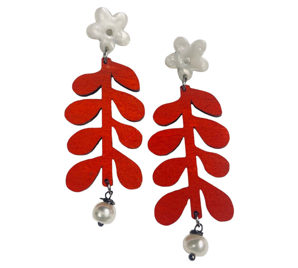 Brick Color Plant Earrings with the acrylic flower and fresh water pearl