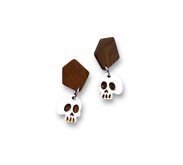 Wooden Skull Earrings, Geometric Stud