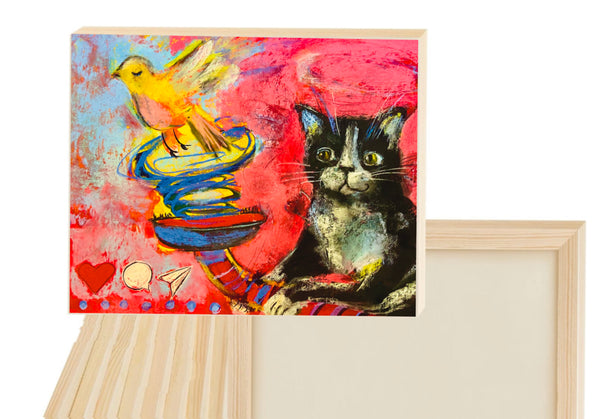 Unbearable closeness, Playful Cat and Bird Pastel Drawing, Whimsical Art for Cat Lovers