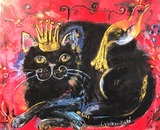 Black cat with bird print on board, Regal Feline, Whimsical Cat, Red Royalty, Folksy Crown Cat
