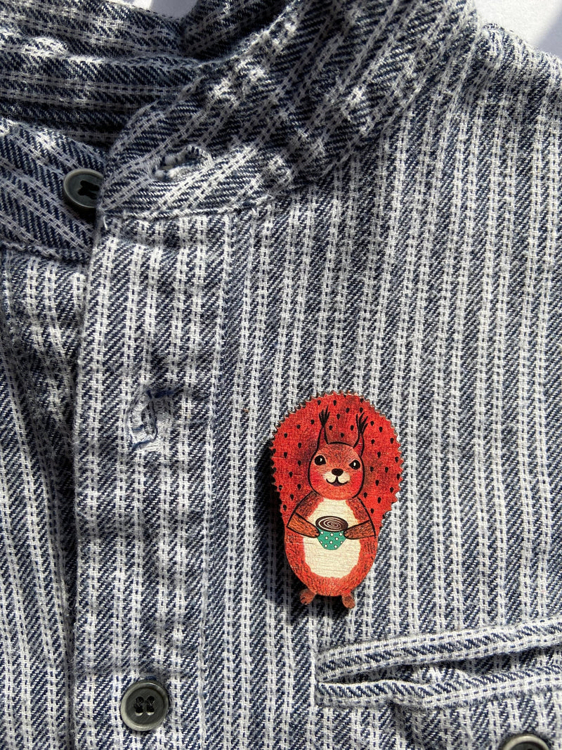 Squirrel Coffee-holic Wooden Pin Brooch